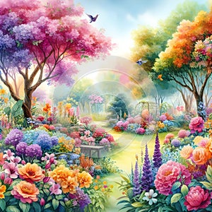 Imagen de vibrando colores acuarela jardín de flores a árboles 