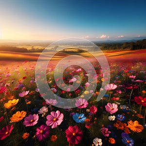 image of a vibrant field of wildflowers stretching to the horizon beneath a cloudy blue sky.