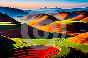 image of a vibrant kaleidoscope of terraced fields, cascading down the hills and stretching across the whole landscape.