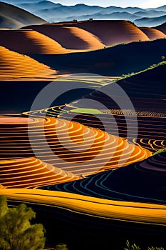 image of a vibrant kaleidoscope of terraced fields, cascading down the hills and stretching across the whole landscape.