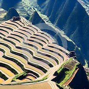 image of a vibrant kaleidoscope of terraced fields, cascading down the hills and stretching across the whole landscape.