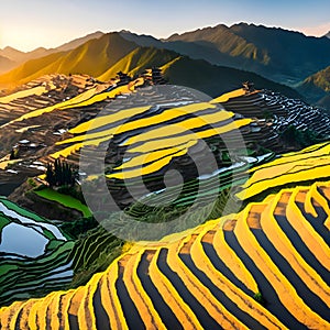 image of a vibrant kaleidoscope of terraced fields, cascading down the hills and stretching across the whole landscape.