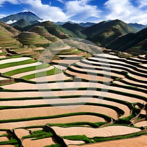 image of a vibrant kaleidoscope of terraced fields, cascading down the hills and stretching across the whole landscape.