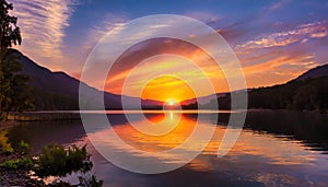 An image of a vibrant sunset over a serene lake, with colorful reflections shimmering