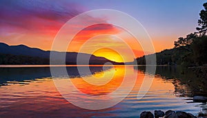 An image of a vibrant sunset over a serene lake, with colorful reflections shimmering