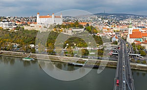 Bratislava town historical center with the Danube river