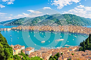 View of town Rapallo from sea, Italy. Summer landscape made with Generative AI