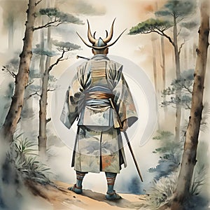 image of the vintage Japanese watercolor,wondering Ronin looking for vengeance.