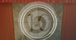 Image of vintage movie countdown in circle over brown curtains