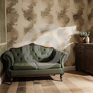 Vintage room with wallpaper and old fashioned armchair Rustic interior design