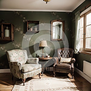 Vintage room with wallpaper and old fashioned armchair Rustic interior design