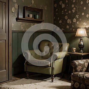 Vintage room with wallpaper and old fashioned armchair Rustic interior design