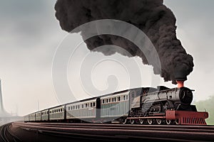 image of the vintage train chugging along the tracks releasing its thick smokestack billowing