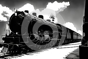 image of the vintage train chugging along the tracks releasing its thick smokestack billowing