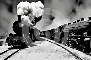 image of the vintage train chugging along the tracks releasing its thick smokestack billowing