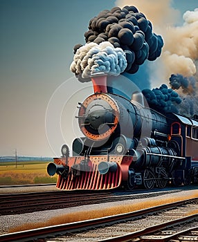 image of the vintage train chugging along the tracks releasing its thick smokestack billowing