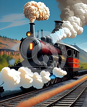 image of the vintage train chugging along the tracks releasing its thick smokestack billowing