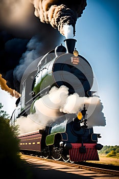 image of the vintage train chugging along the tracks releasing its thick smokestack billowing