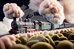 image of the vintage train chugging along the tracks releasing its thick smokestack billowing