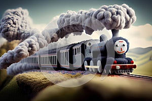 image of the vintage train chugging along the tracks releasing its thick smokestack billowing