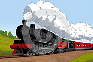 image of the vintage train chugging along the tracks releasing its thick smokestack billowing
