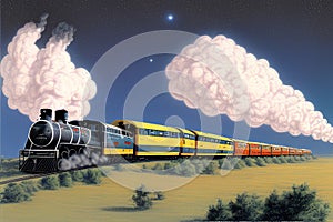 image of the vintage train chugging along the tracks releasing its thick smokestack billowing