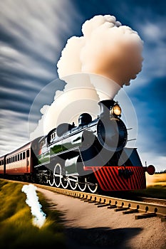 image of the vintage train chugging along the tracks releasing its thick smokestack billowing