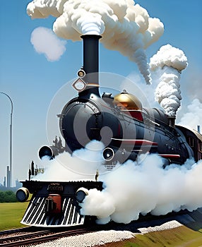 image of the vintage train chugging along the tracks releasing its thick smokestack billowing