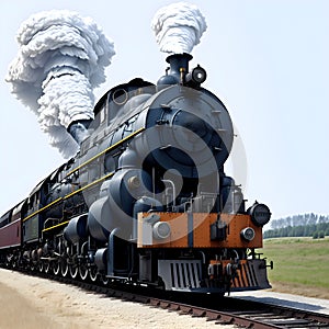 image of the vintage train chugging along the tracks releasing its thick smokestack billowing