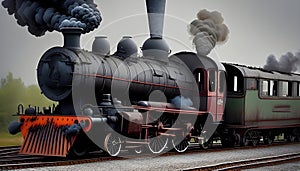 image of the vintage train chugging along the tracks releasing its thick smokestack billowing