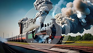 image of the vintage train chugging along the tracks releasing its thick smokestack billowing