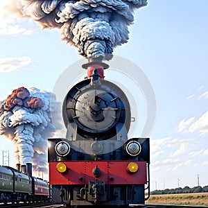 image of the vintage train chugging along the tracks releasing its thick smokestack billowing