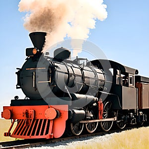 image of the vintage train chugging along the tracks releasing its thick smokestack billowing