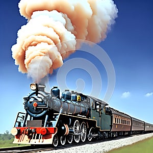 image of the vintage train chugging along the tracks releasing its thick smokestack billowing