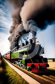 image of the vintage train chugging along the tracks releasing its thick smokestack billowing