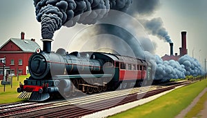 image of the vintage train chugging along the tracks releasing its thick smokestack billowing