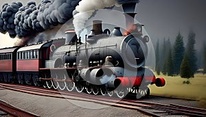 image of the vintage train chugging along the tracks releasing its thick smokestack billowing