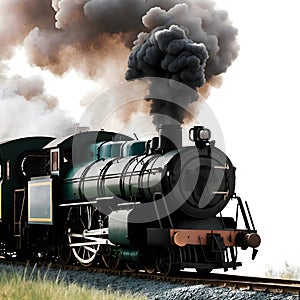 image of the vintage train chugging along the tracks releasing its thick smokestack billowing