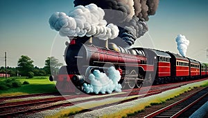 image of the vintage train chugging along the tracks releasing its thick smokestack billowing