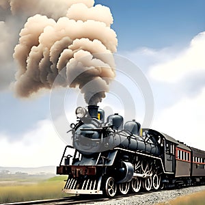 image of the vintage train chugging along the tracks releasing its thick smokestack billowing