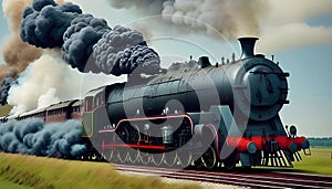 image of the vintage train chugging along the tracks releasing its thick smokestack billowing