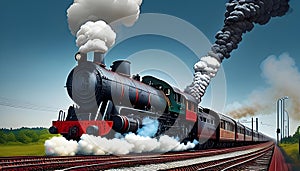 image of the vintage train chugging along the tracks releasing its thick smokestack billowing