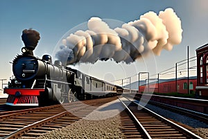 image of the vintage train chugging along the tracks releasing its thick smokestack billowing