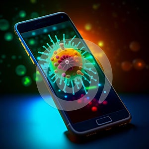 Image of a virus cell on a phone screen.