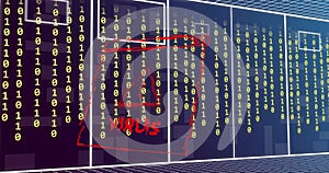 Image of virus text, binary coding and data processing over computer servers