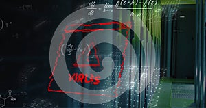 Image of virus text, binary coding and data processing over computer servers