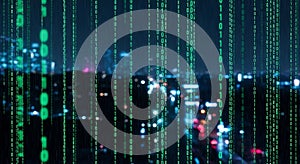 Digital Matrix Code Falling Over Cityscape at Night, Technology Concept