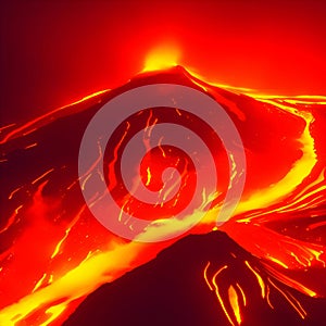 image of the volcanic eruption with flowing hot lava and fire.