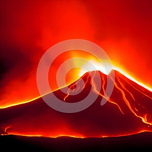 image of the volcanic eruption with flowing hot lava and fire.