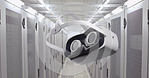 Image of vr headset over computer servers